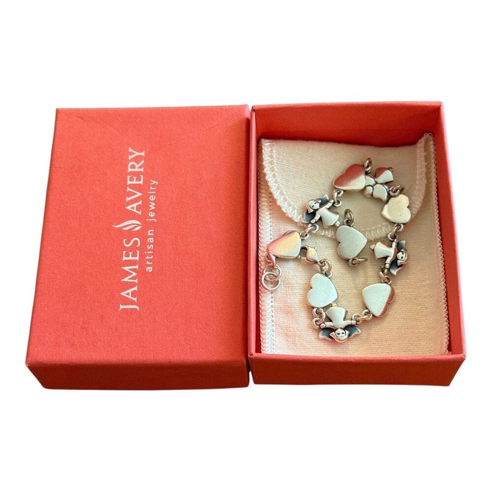 Retired James Avery Link Bracelet Sterling Silver Heart and Angel JA Gift Box 6”
